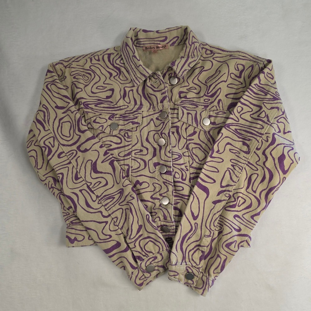 Bailey Rose Purple Swirl Abstract Print Denim Trucker Jacket XS BRJ0858 Tan
